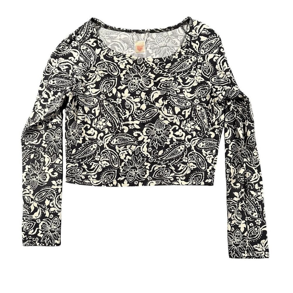 Billabong Crop Top Womens Small Black Ivory Paisley Floral Long Sleeve Surf Swim